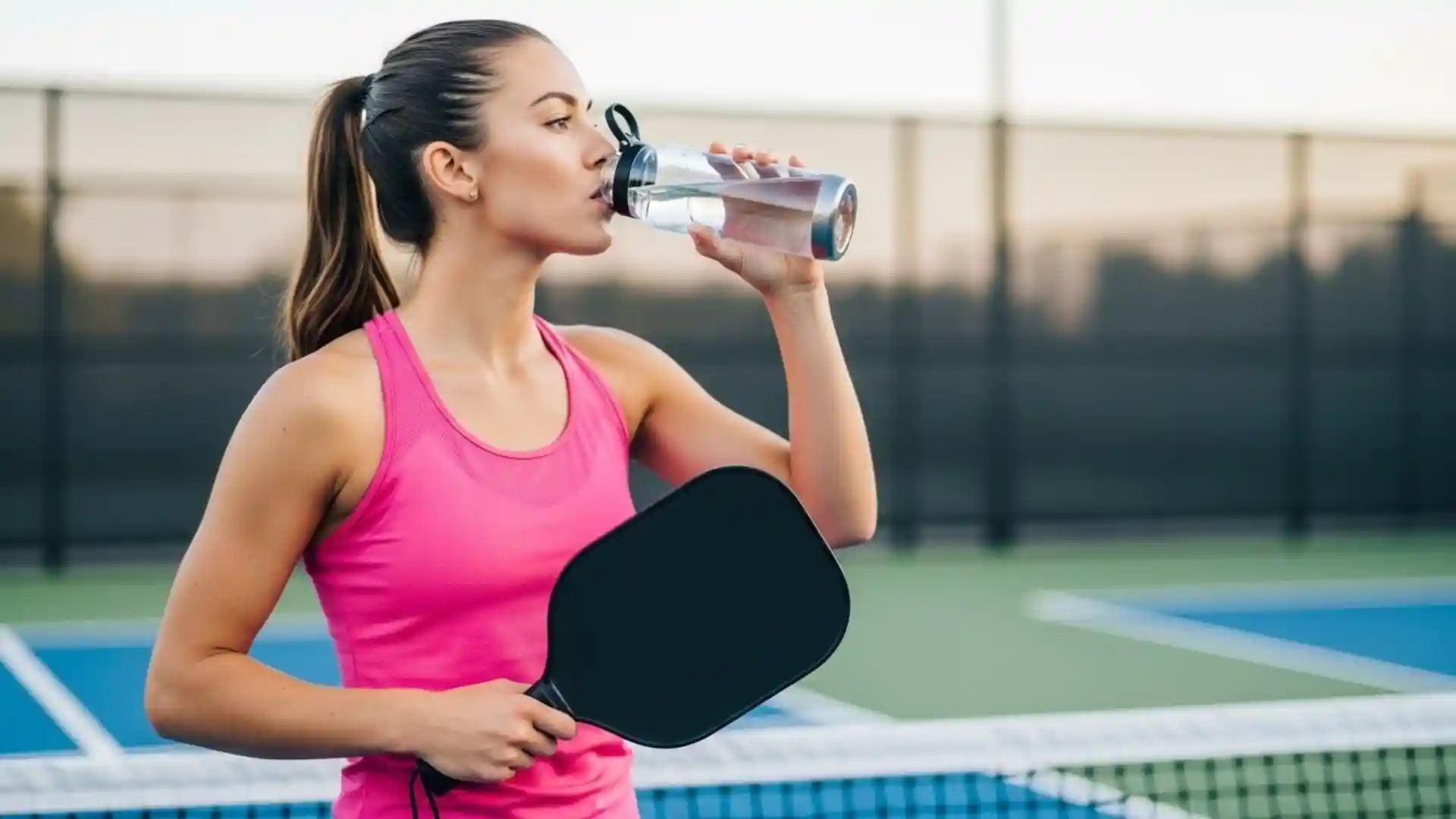 Female Scottsdale pickleball player drinking water on a court while rehydrating and fueling up with smart hydration and nutrition
